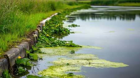 A serene landscape showcasing a calm waterway surrounded by lush green plants and wildflowers. The vibrant reflections create a peaceful atmosphere ideal for nature lovers.の素材