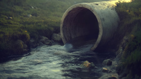 A serene view of water flowing from a concrete drainage pipe into a clear stream, surrounded by vibrant greenery in a peaceful outdoor setting.の素材