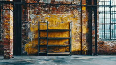 A captivating image of an abandoned warehouse featuring rustic brick walls with yellow highlights and empty metal shelving units, perfect for urban design backgrounds.の素材