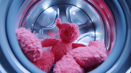 Adorable plush toy bunny nestled among soft pink fabric toys inside a large stainless steel washing machine, illustrating playful laundry moments.の素材