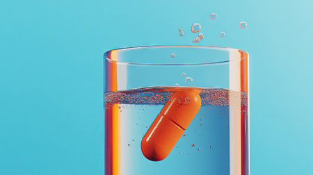 A striking image of an orange capsule dropping into a clear glass of effervescent water, creating bubbles against a vibrant blue background. Perfectly captures the interaction of medicine and hydration.の素材