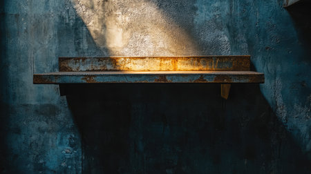 A rustic metal shelf rests against a textured blue wall, bathed in warm light, creating an intriguing contrast. Ideal for industrial-themed designs.の素材