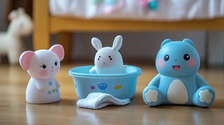 Adorable scene featuring cute bath toys including a bunny in blue tub flanked by a bear and mouse on a wooden floor, perfect for children's playtime.の素材