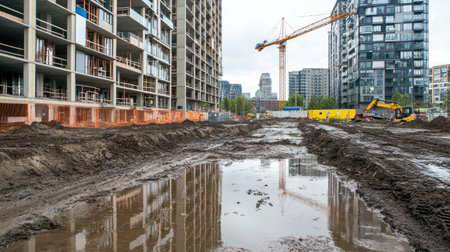 A construction site showcasing heavy machinery, muddy ground, and puddles, set against an urban backdrop of ongoing development and modern buildings.の素材
