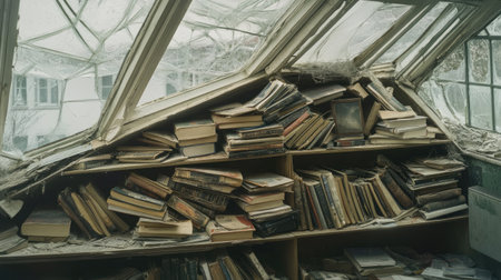 An atmospheric indoor scene showcasing disorganized bookshelves filled with dusty literature, illuminated by soft sunlight, capturing a feeling of neglect and nostalgia.の素材