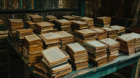 A captivating view of numerous old books piled on a rustic table, showcasing the beauty of literature in a cozy dimly lit library atmosphere.の素材