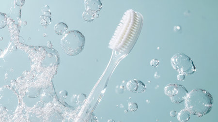 A vibrant image depicting a toothbrush emerging through splashes of water and bubbles, symbolizing freshness and oral hygiene in daily routines.の素材