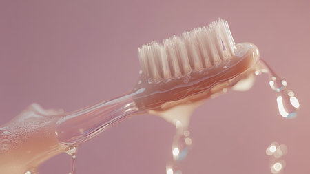 This image features a close-up of a toothbrush covered in toothpaste and water droplets, set against a soft pink background, highlighting daily hygiene.の素材
