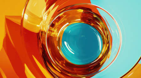 A striking close-up of a glass filled with vibrant orange and blue liquid, set against an abstract background that enhances its visual appeal.の素材
