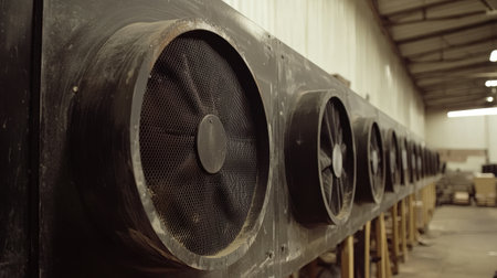 A row of industrial cooling fans designed for effective air circulation in a warehouse. The image highlights the technology and equipment used to maintain optimal temperature and airflow in a working environment.の素材