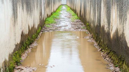 This image depicts a narrow water channel flanked by concrete walls, showcasing grassy edges and muddy terrain. The scene conveys a sense of isolation and tranquility.の素材