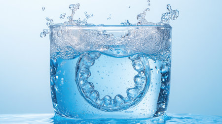A vibrant image showcasing a splash of clean water in a glass featuring a unique ring object, creating bubbles and reflections in a serene blue ambiance.の素材