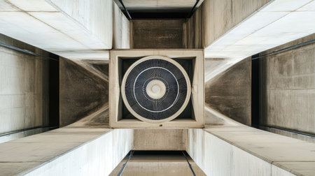 A unique overhead perspective of a circular ventilation system framed by tall concrete pillars, showcasing a blend of industrial design and architectural beauty.の素材