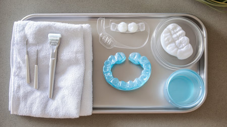 A neatly arranged dental hygiene kit featuring orthodontic aligners, cleaning tools, and mouth rinse on a stainless steel tray for effective oral care.の素材
