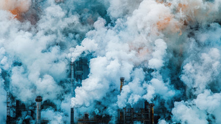 A captivating view of an industrial scene filled with dense smoke and vapor emissions rising from factory chimneys. The blue sky contrasts starkly with the smog.の素材