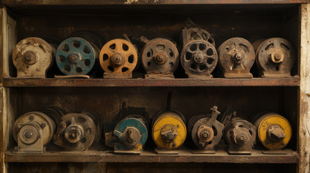 A collection of vintage mechanical pulleys and wheels showcased on a rustic wooden shelf, featuring signs of wear and a rich historical background.の素材