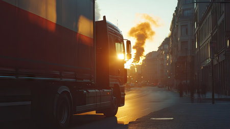 A striking scene of an industrial truck parked on an urban street during sunset, illuminated by golden light with city life bustling in the background.の素材