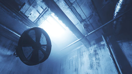 This image captures an industrial ventilation fan with a dramatic light beam illuminating a grungy atmosphere, showcasing urban decay and mechanical design.の素材