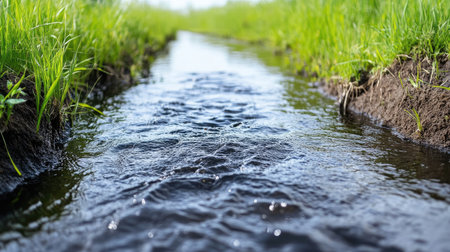 A close-up view of a freshwater stream gently flowing through vibrant green grass, capturing the essence of tranquility in a bright outdoor setting.の素材