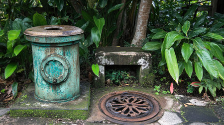 An evocative image showcasing old urban infrastructure featuring a weathered drainage system, rich in textures, nestled amid vibrant tropical foliage, emphasizing the contrast of nature and man-made structures.の素材