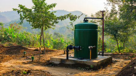 A vibrant green water storage tank is positioned in a serene outdoor setting, surrounded by lush trees and mountains, highlighting tranquility and natureの素材