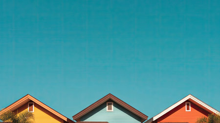 This image features vibrant beachfront houses in yellow, blue, and orange against a bright blue sky, evoking feelings of summer, relaxation, and coastal living.の素材