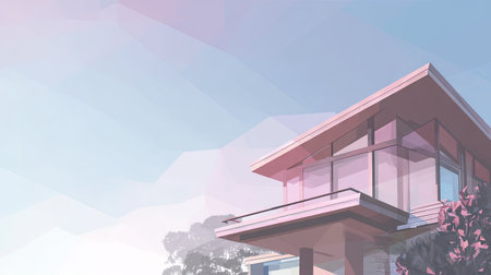 This illustration features a modern house with a unique angular roof and expansive windows, surrounded by a serene landscape. The soft pastel sky enhances the architectural beauty.の素材