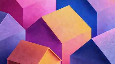 This vibrant abstract illustration features a complex arrangement of colorful house shapes, showcasing a blend of vivid hues in a creative geometric layout.の素材