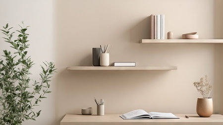 A serene minimalist home office scene showcases elegantly arranged shelves with neutral decor, plants, and an open book on a wooden desk, inviting focus.の素材
