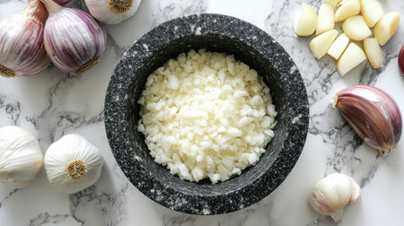 A close-up view of freshly chopped garlic in a dark marble mortar, surrounded by whole garlic bulbs and sliced garlic cloves on a polished marble surface.の素材