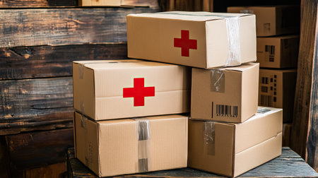 A collection of stacked cardboard boxes featuring red cross symbols against a rustic wooden background, symbolizing emergency and medical supplies readiness.の素材