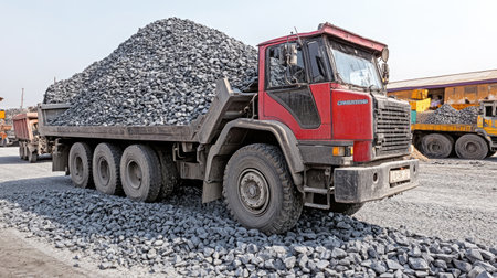 A robust heavy-duty truck loaded with a massive pile of gravel stands ready in a bustling construction site, showcasing industrial activity and transport.の素材