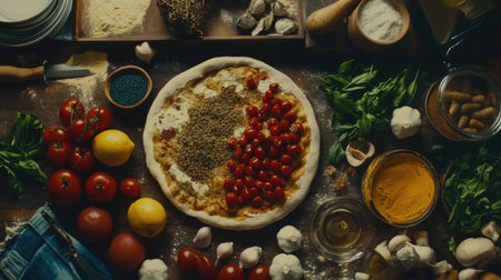 A beautifully arranged selection of fresh ingredients for homemade pizza on a rustic wooden table, showcasing vibrant tomatoes, aromatic herbs, and spices.の素材