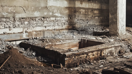 An abandoned industrial site displays an exposed concrete foundation surrounded by debris and dust, creating a gritty atmosphere in dim lighting.の素材
