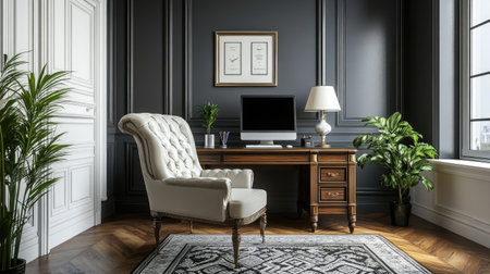 This elegant home office features classic furniture and stylish decor, complemented by lush plants. A perfect blend of comfort and sophistication.の素材