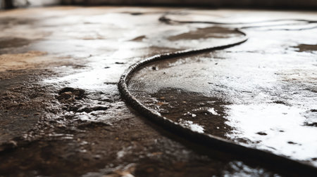 This image captures a close-up view of a wet distressed floor with a curved cable lying across it, highlighting texture, reflections, and detail in an industrial environment.の素材