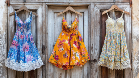 This captivating image features three vibrant floral dresses hanging against an aged wooden backdrop, showcasing a rustic charm that embodies summer fashion.の素材