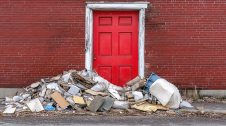 A striking image of a vibrant red door juxtaposed with a chaotic pile of trash and debris, reflecting urban decay and environmental neglect.の素材