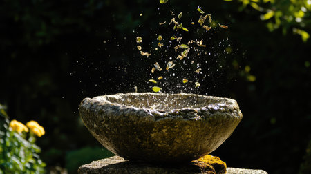 A serene stone bowl captures splashes of water amidst lush greenery and vibrant flowers, creating a tranquil ambiance in natural light. Perfect for nature lovers.の素材