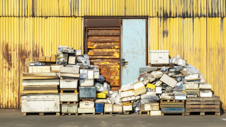 A large pile of discarded boxes and various materials is stacked in front of a rusty door, creating a striking contrast against a vibrant yellow wall.の素材