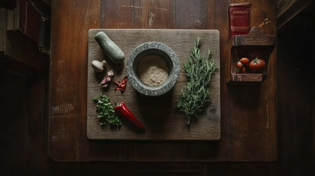 Captivating overhead view of a rustic wooden table featuring a mortar filled with spices, fresh herbs, and colorful ingredients, perfect for cooking.の素材