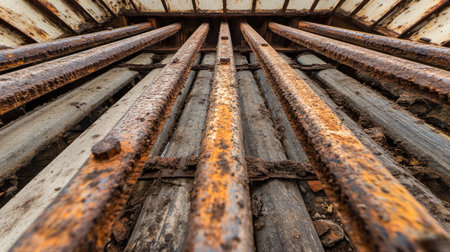 A close-up image of rusty metal bars showcases the intricate textures and details of aged industrial materials. The perspective highlights the decay and beauty of abandonment.の素材