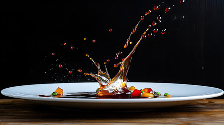 A dynamic splash of liquid creates a stunning visual effect on a white plate garnished with fresh vegetables, showcasing artistic food presentation.の素材