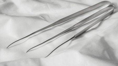 Close-up view of precision surgical tweezers resting on soft white fabric. Ideal for medical, dental, and cosmetic use. Showcases craftsmanship and quality.の素材