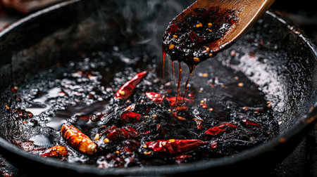 This striking image showcases the preparation of chili oil in a cast iron pan, with steam rising and vibrant red peppers blending into the dark, rich mixture.の素材