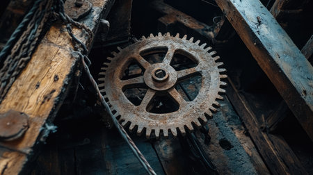 A close-up image of a vintage rusty gear hanging between wooden beams in an abandoned industrial space, showcasing its intricate design and weathered texture.の素材