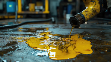 Close-up view of an oil spill on a factory floor, showcasing the dripping from a nozzle as it highlights maintenance and safety concerns in an industrial workspace.の素材