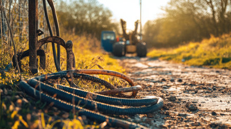 A serene countryside scene featuring worn hoses and machinery along a dirt path, bathed in warm golden sunlight with a tranquil atmosphere.の素材