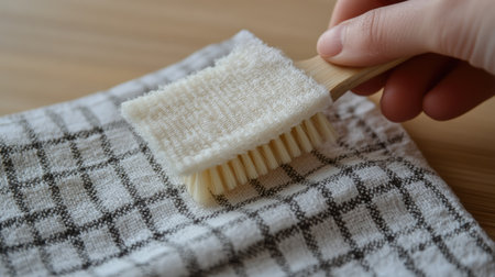 A person gently using a brush to clean a soft fabric surface, showcasing a practical cleaning tool on a light wooden backdrop, ideal for home hygiene.の素材