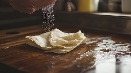 This image captures the moment of hands lightly sprinkling salt on fresh dough, set on a wooden surface, showcasing the artistry of culinary preparation in a cozy kitchen environment.の素材